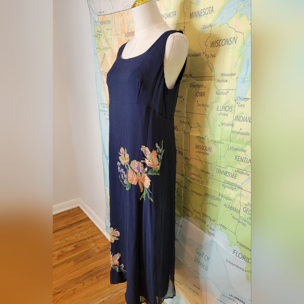 Robbie Bee 100% Silk floral Navy Sleeveless Dress Size 10 - Picture 4 of 14